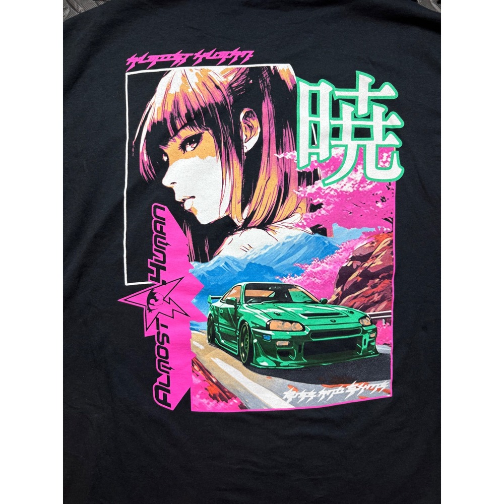 Almost Human Anime Girl Green Sports Car Graphic T-Shirt Black Large Vaporwave - Picture 3 of 8